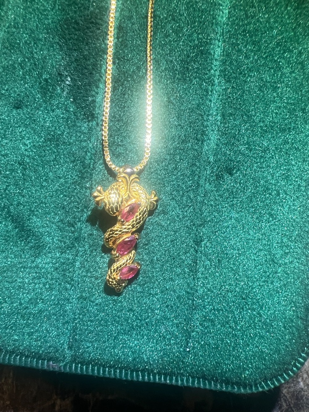 Gold-Tone Snake Pendant Necklace with Pink Ruby Gem Accents